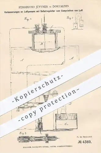 original Patent - F. Jüttner , Dortmund , 1878 , Luftpumpen mit Selbstregulator zur Luft - Kompression | Regulator !!