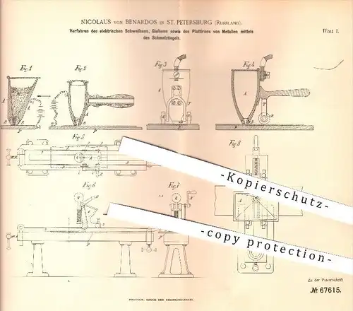 original Patent - N. von Benardos , St. Petersburg Russland , 1892 , Verfahren zum elektr. Schweißen , Gießen | Metall !