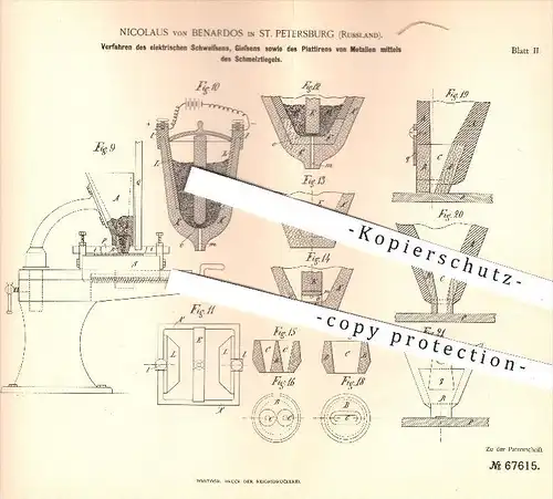 original Patent - N. von Benardos , St. Petersburg Russland , 1892 , Verfahren zum elektr. Schweißen , Gießen | Metall !