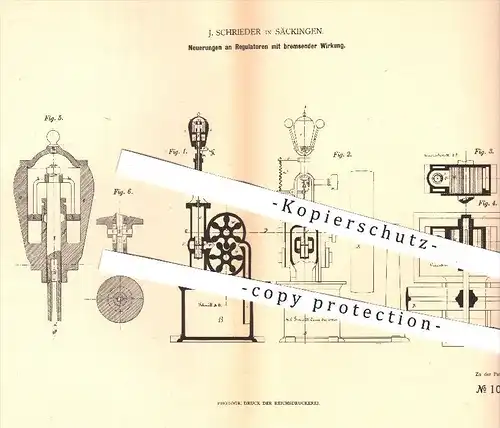 original Patent - J. Schrieder in Säckingen , 1879 , Regulatoren mit bremsender Wirkung | Regulator , Bremse , Motoren !