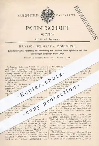 original Patent - Heinrich Schwarz in Dortmund , 1894 , Selbstkassierendes Panorama zum Entzünden einer Lampe | Licht !