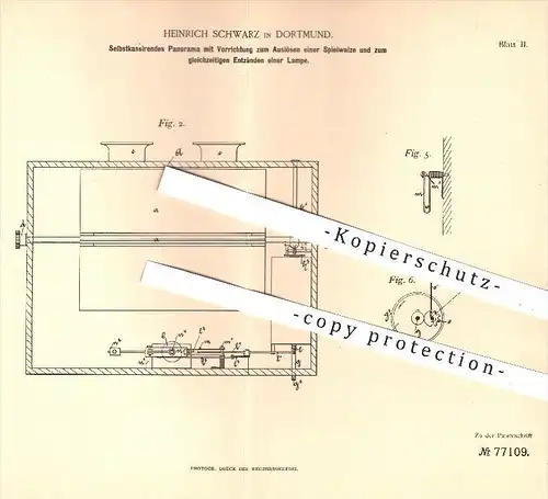 original Patent - Heinrich Schwarz in Dortmund , 1894 , Selbstkassierendes Panorama zum Entzünden einer Lampe | Licht !