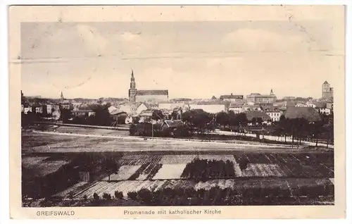 alte AK , Greifswald , 1917 , Promenade mit katholischer Kirche , Mecklenburg !!!