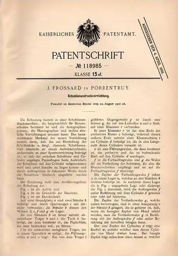 Original Patentschrift - J. Frossard in Porrentruy / Pruntrut , 1900 , Schablonen - Druckvorrichtung !!!