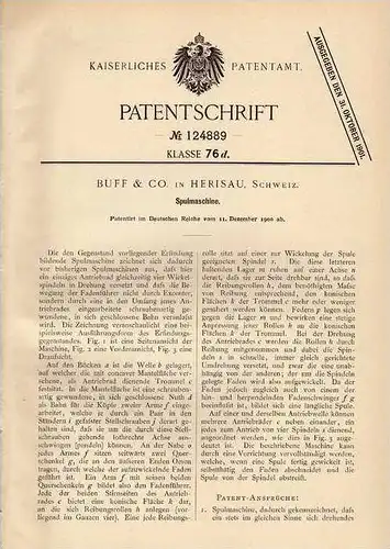 Original Patentschrift - Buff & Co in Herisau , 1900 , Spulmaschine !!!