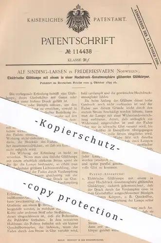 original Patent - Alf Sinding Larsen , Frederiksvaern , Norwegen , 1899 , Elektrische Glühlampe | Lampe , Glühlicht !!