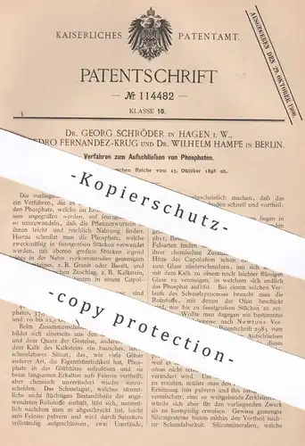 original Patent - Dr. Georg Schröder , Hagen | Dr. Pedro Fernandez Krug | Dr. Wilhelm Hampfe , Berlin | 1898 | Phosphat