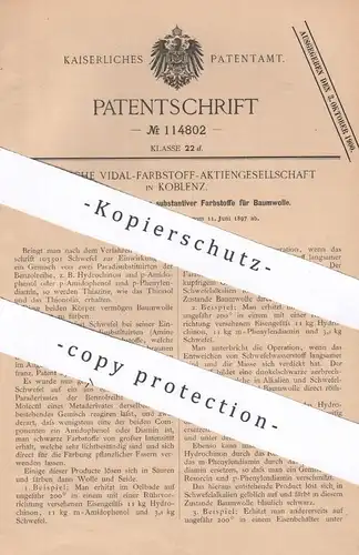 original Patent - Deutsche Vidal-Farbstoff AG , Koblenz , 1897 , substantive Farbstoffe für Baumwolle | Farbe , Färben
