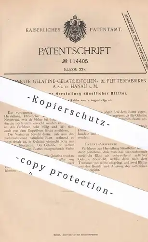 original Patent - Vereinigte Gelatine-Gelatoidfolien- & Flitterfabriken AG , Hanau / Main , 1899 , künstliche Blätter
