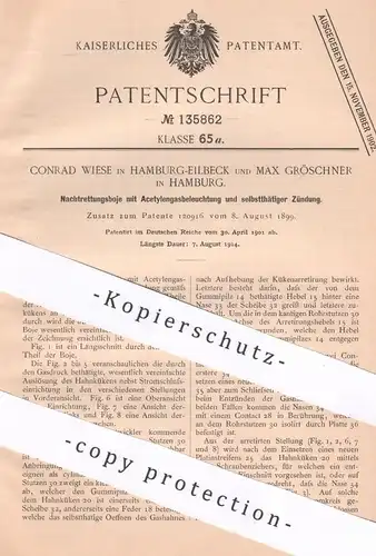 original Patent - Conrad Wiese & Max Gröschner , Hamburg / Eilbeck | 1901 | Rettungsboje mit Gasbeleuchtung u. Zündung