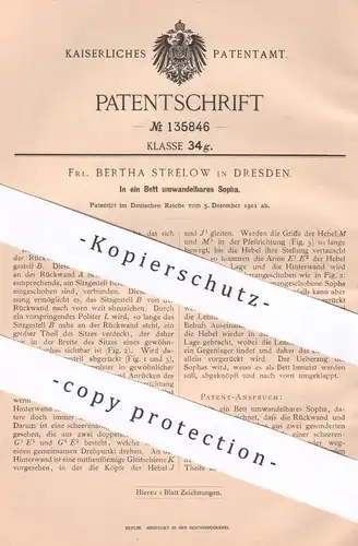 original Patent - Bertha Strelow , Dresden , 1901 , Kombiniertes Bett u. Sofa | Sopha | Couch | Möbel | Klappcouch !!!