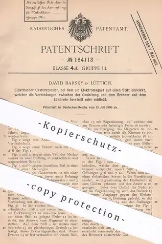 original Patent - David Barsky , Lüttich Belgien , 1906 , Elektrischer Gasfernzünder | Gaszünder | Gas Zünder | Brenner