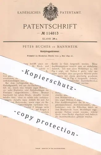 original Patent - Peter Bucher , Mannheim , 1899 , Acetylengasbrenner | Acetylen Gasbrenner | Gas , Brenner | Ofen Herd
