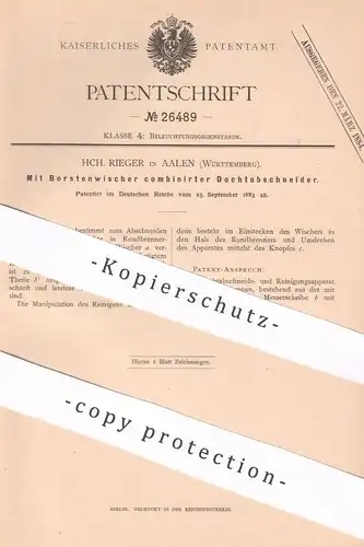 original Patent - Hch. Rieger , Aalen , 1883, Mit Borstenwischer kombinierter Dochtabschneider | Docht , Lampe , Brenner