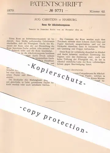 original Patent - Aug. Carstens , Hamburg , 1879 , Rose für Alkoholkompass | Kompass , Schwimmkompass , Marienglas