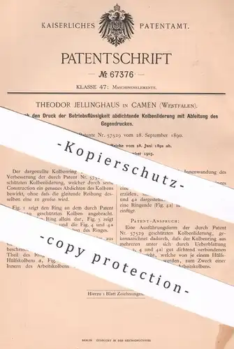 original Patent - Theodor Jellinghaus , Camen , 1892 , Kolbenliderung mit Ableitung von Druck | Motor | Dampfmaschine !!