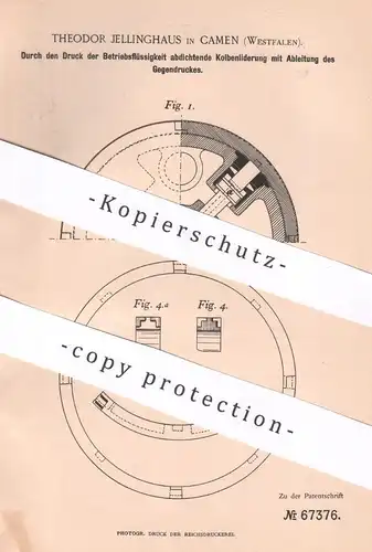 original Patent - Theodor Jellinghaus , Camen , 1892 , Kolbenliderung mit Ableitung von Druck | Motor | Dampfmaschine !!