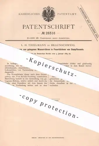 original Patent - L. H. Thielmann , Braunschweig , 1884 , gebogene Wasserröhren im Dampfkessel | Wasserkessel , Kessel