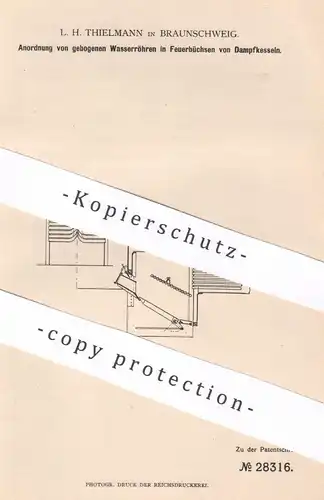 original Patent - L. H. Thielmann , Braunschweig , 1884 , gebogene Wasserröhren im Dampfkessel | Wasserkessel , Kessel