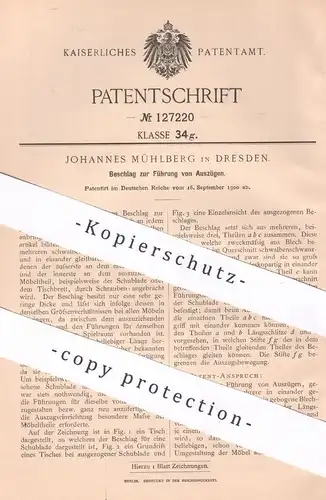 original Patent - Johannes Mühlberg , Dresden , 1900 , Führung von Möbel - Auszügen | Schubladen , Schrank , Möbelbauer