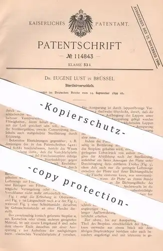 original Patent - Dr. Eugène Lust , Brüssel , Belgien , 1899 , Sterilisierverschluss | Sterilisieren | Konservierung !!!
