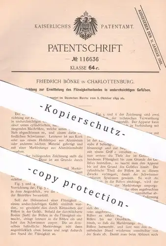 original Patent - Friedrich Bönke , Berlin / Charlottenburg , 1899 , Ermittlung des Flüssigkeitsstandes in Gefäßen