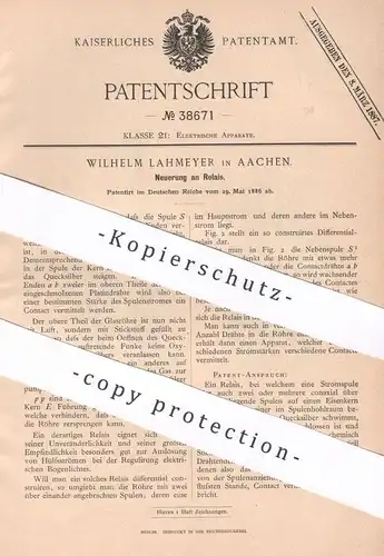 original Patent - Wilhelm Lahmeyer , Aachen , 1886 , Relais | Strom , Elektrik , Elektriker , Quecksilber , Glasröhre