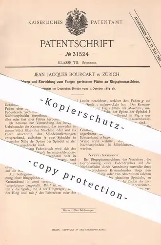original Patent - Jean Jacques Bourcart , Zürich , Schweiz , 1884 , Fangen gerissener Fäden an Spinnmaschine | Spinnerei