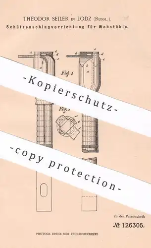 original Patent - Theodor Seiler , Lodz , Russland , 1901 , Schützenschlag für Webstühle | Webstuhl - Schütze | Weben