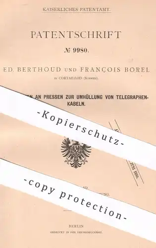 original Patent - Ed. Berthoud & François Borel , Cortaillod , Schweiz | Presse zur Isolierung von Telegraphenkabel