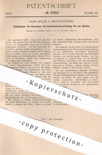 original Patent - Hans Bolze , Braunschweig , 1879 , Steifekocher für Hutmacher | Modist , Hut , Hüte , Filzhut , Filz