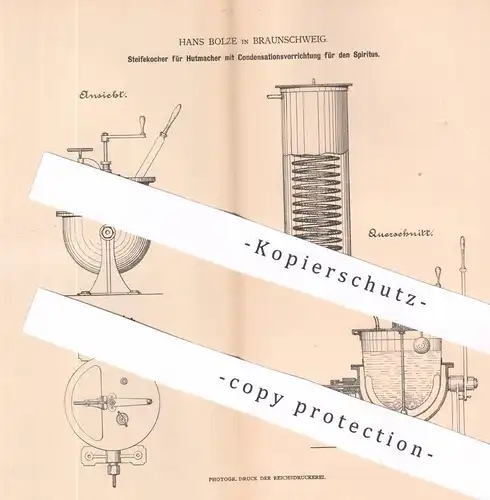 original Patent - Hans Bolze , Braunschweig , 1879 , Steifekocher für Hutmacher | Modist , Hut , Hüte , Filzhut , Filz