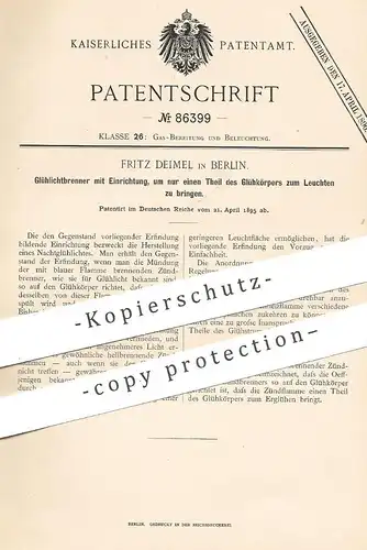original Patent - Fritz Deimel , Berlin , 1895 , Glühlichtbrenner | Gas , Brenner , Zünder , Glühlampe , Licht ,