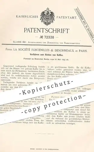 original Patent - La Société Fontenilles & Desormeaux , Paris , Frankreich , 1893 , Rösten von Kaffee | Coffee , Café