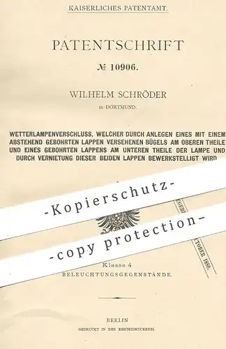 original Patent - Wilhelm Schröder , Dortmund , 1880 , Verschluss für Wetterlampe , Sicherheitslampe | Bergwerk Laterne