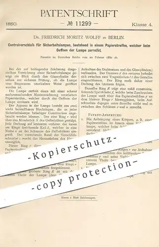 original Patent - Dr. Friedrich Moritz Wolff , Berlin , 1880 , Verschluss für Sicherheitslampen | Petroleumlampe , Lampe