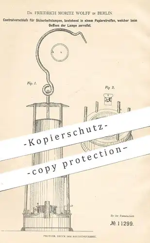 original Patent - Dr. Friedrich Moritz Wolff , Berlin , 1880 , Verschluss für Sicherheitslampen | Petroleumlampe , Lampe