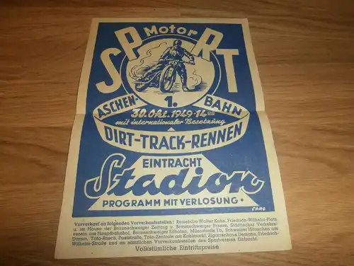 1. Speedway Rennen 30.10.1949 in Braunschweig , Reklame , Flyer , Programmheft / Programm / Rennprogramm , program !!!