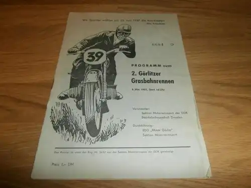Grasbahn , Görlitz 8.05.1957 , 2. Grasbahnrennen , Speedway , Programmheft / Programm / Rennprogramm , program !!!