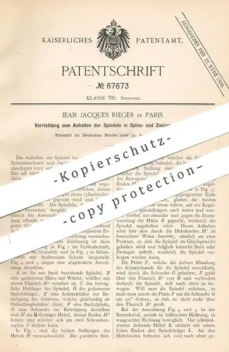 original Patent - Jean Jacques Rieger , Paris , Frankreich 1892 , Spindeln in Spinnmaschinen , Zwirnmaschine | Schneider