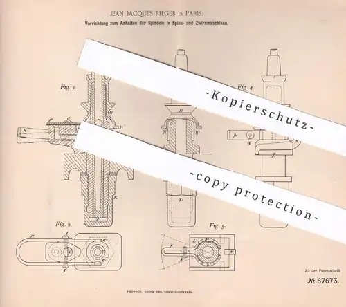 original Patent - Jean Jacques Rieger , Paris , Frankreich 1892 , Spindeln in Spinnmaschinen , Zwirnmaschine | Schneider