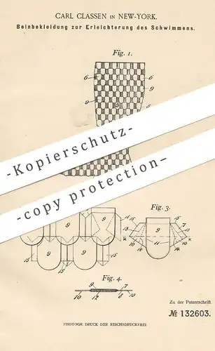 original Patent - Carl Classen , New York  1901 , Beinbekleidung zum Schwimmen | Schwimmflosse , Socke , Baden , Tauchen