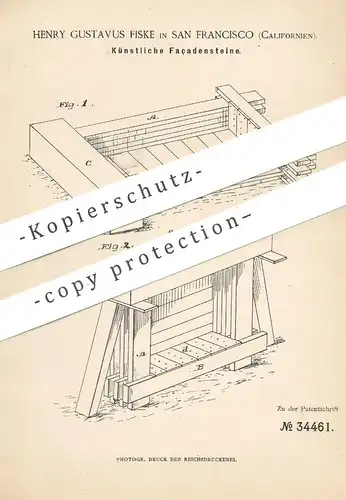 original Patent - Henry Gustavus Fiske , San Francisco , California , USA , 1885 , Künstl. Fassaden - Stein | Klinker