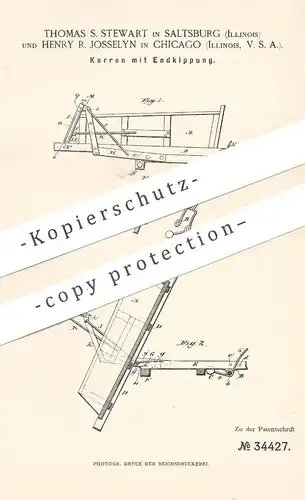 original Patent - Thomas S. Stewart , Saltsburg , Illinois | Henry R. Josselyn , Chicago  USA , 1885 , Karren mit Kipper