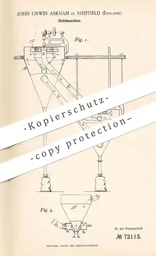 original Patent - John Unwin Askham , Sheffield , England , 1892 , Sichtmaschine | Mühle , Mühlen , Müllerei