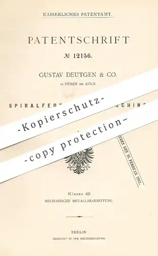 original Patent - Gustav Deutgen & Co. , Köln / Düren , 1880 , Spiralfeder - Windemaschine | Winde , Walze | Matratze