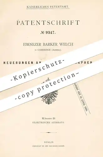 original Patent - Ebenezer Barker Welch , Cambridge , USA , 1879 , Drucktelegraph | Druck - Telegraph | Telegraphie !!!