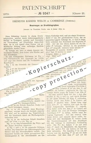 original Patent - Ebenezer Barker Welch , Cambridge , USA , 1879 , Drucktelegraph | Druck - Telegraph | Telegraphie !!!