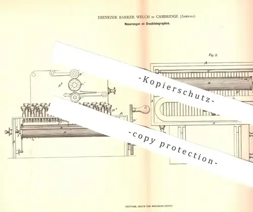 original Patent - Ebenezer Barker Welch , Cambridge , USA , 1879 , Drucktelegraph | Druck - Telegraph | Telegraphie !!!