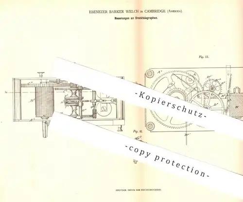 original Patent - Ebenezer Barker Welch , Cambridge , USA , 1879 , Drucktelegraph | Druck - Telegraph | Telegraphie !!!